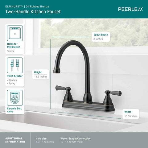 Elmhurst Two-Handle Kitchen Faucet With Twist Aerator, Deck Mount, Oil Rubbed Bronze, High Arc Gooseneck Spout, 3 Hole Installations