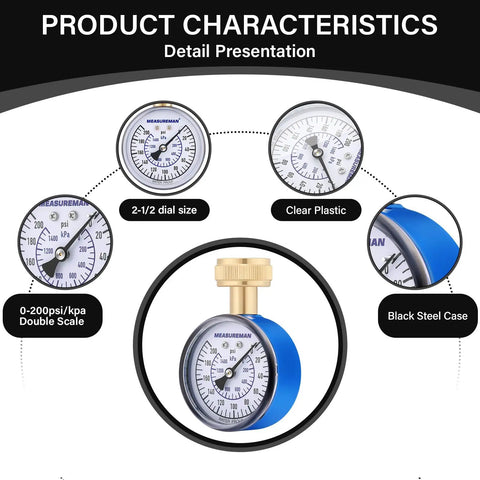 Blue Steel 2-1/2 Inch Water Pressure Gauge 0-200 PSI With 3/4 Inch Hose Thread detail showing dial size and case material
