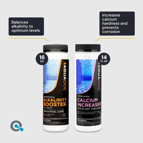 Must Have All In One Hot Tub Chemicals Starter Kit For Easy Spa Maintenance With Chlorine Sanitizer PH Balance Water Test Kit And Inflatable Spa Ready Balancer For Clear Safe Water. 16 oz alkalinity booster bottle and 14 oz calcium increaser