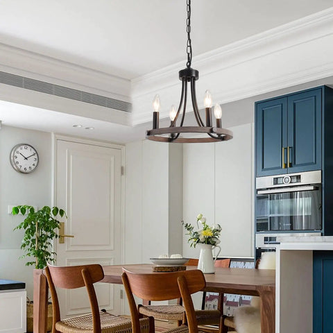 Black Farmhouse Chandelier With 4 Lights Round Wagon Wheel Pendant Fixture Delivering Rustic Industrial Vibe Adjustable Height Perfect For Dining Room Foyer Living Room And Entryway