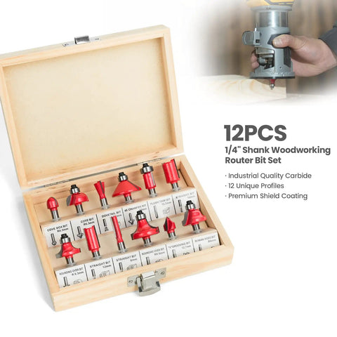 Box of 12 woodworking router bits with label next to Cordless Brushless Palm Router Bare Tool With Dope 5 Speed Variable 10000 To 28000 RPM 600W