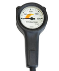 Compact Brass Case Diving Pressure Gauge With Metric Display, Rubber Boot And 34.5 Inch HP Hose, 0-300 Bar Readout In 50 Bar Increments