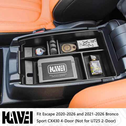 Center Console Organizer Tray For Ford Escape 2020 To 2026 And Bronco Sport 2021 To 2026 ABS Armrest Storage Box Insert Keeps Small Gear Handy With Slick Stash Space Easy Lift Out Not For U725 Two Door Black in vehicle interior with orange seats, showing organized items inside.