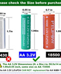 Comparison of AA 3.2V LiFePO4 650mAh solar battery pack for backyard solar lights with other sizes, showing dimensions and compatibility