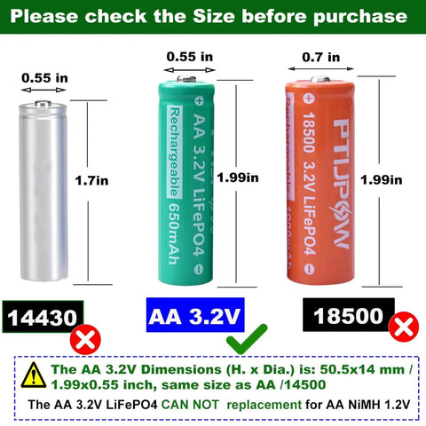 Comparison of AA 3.2V LiFePO4 650mAh solar battery pack for backyard solar lights with other sizes, showing dimensions and compatibility