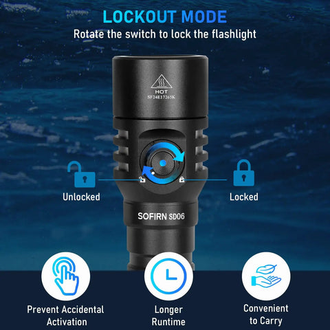 Scuba Diving Flashlight 3200 Lumen Long Throw Underwater Light 472 Meters Focus Beam Waterproof to 100 Meters lockout mode