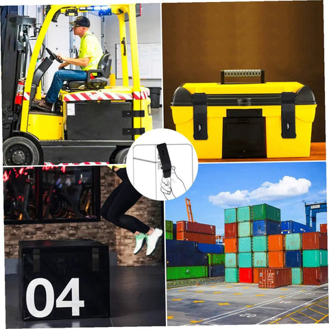 Collage including 2 Pack Flexible Over-Center Rubber Draw Latch Locks for electrical cabinets, forklift, and shipping containers.