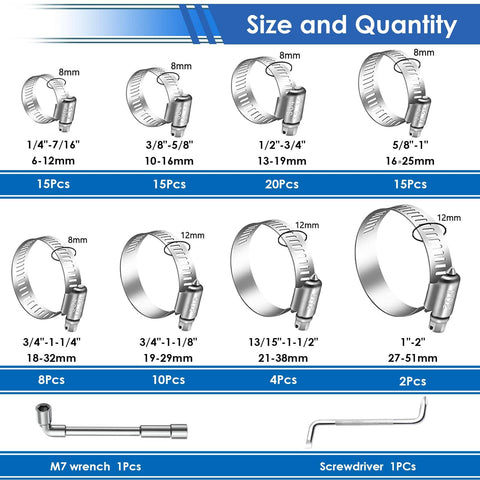 All In One Hose Clamp Kit With 350Pcs 5.3 To 51Mm Single Ear And Worm Gear Clamps In A Handy Portable Box for various size clamps