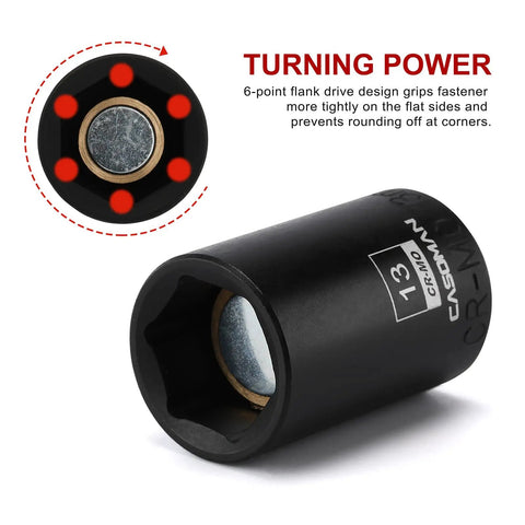 13mm socket from 3/8 Inch Drive Magnetic Socket Set Shallow 6-Point Metric 7mm To 19mm, CR-MO steel, corrosion-resistant finish