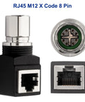 RJ45 To M12 X Coded 8 Pin Adapter 360 Degree Rotatable Shielded IP68 connector for Cat6a Cat5e 10Gbps automation.