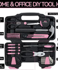 58 Piece Household Tool Set With Pink Plastic Toolbox Case For Everyday Home Repairs And DIY Projects, tools displayed open