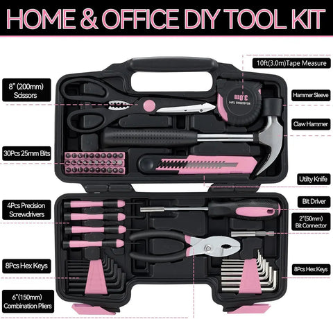 58 Piece Household Tool Set With Pink Plastic Toolbox Case For Everyday Home Repairs And DIY Projects, tools displayed open