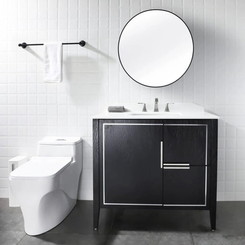 Widespread Double Handle Bathroom Faucet With Pop Up Drain And cUPC Supply Lines In Brushed Nickel, installed on modern vanity