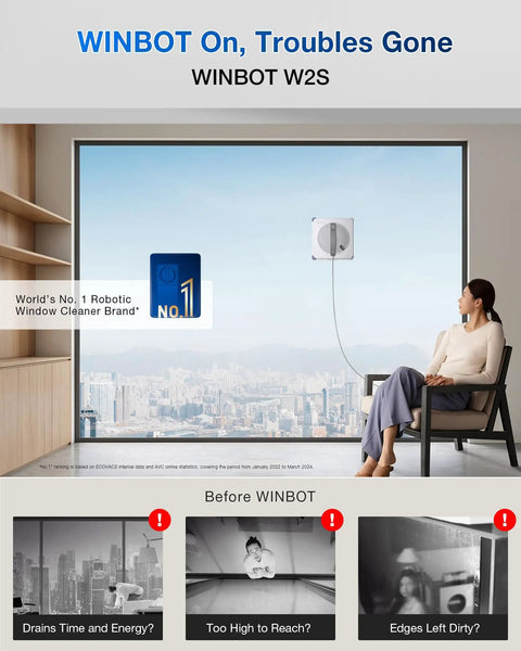 Winbot W2S Window Cleaning Robot With Edge To Edge Cleaning And TruEdge Scrubbers on large urban window