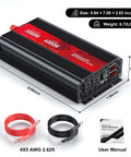 3000 Watt Power Inverter Converts 12V DC To 110V AC with cables and user manual, showcasing size and design details.