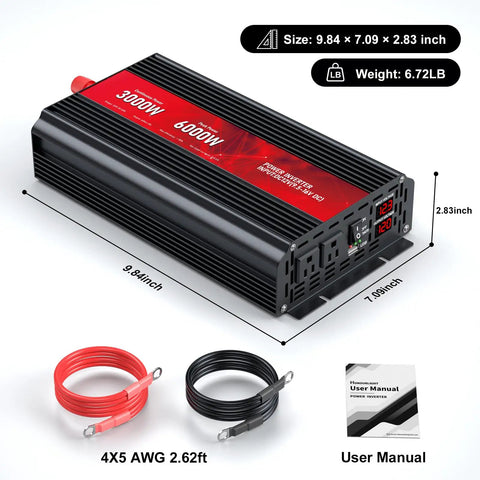 3000 Watt Power Inverter Converts 12V DC To 110V AC with cables and user manual, showcasing size and design details.