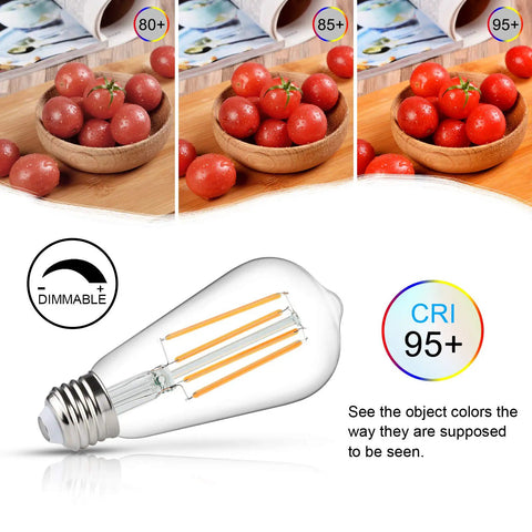 Vintage Edison Style LED Filament Bulbs 2700K Soft White, E26, high CRI 95 for true colors and dimmable feature displayed.