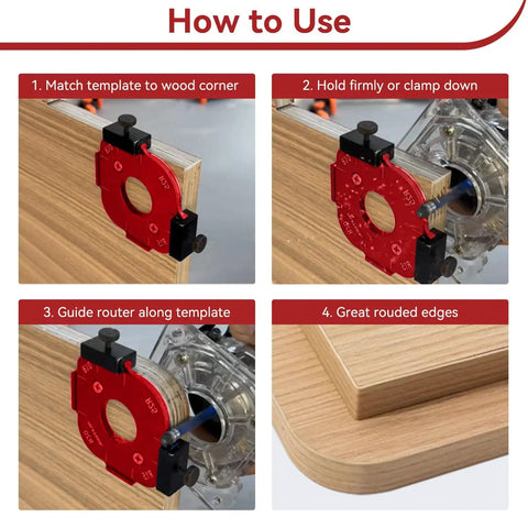 Instructions for Game Changer Radius Jig Router Templates with precision cutters for shaping wood corners and tabletops.