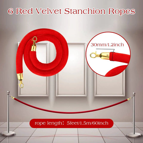 Six Pack Velvet Stanchion Rope Red Carpet Set With Gold Hooks 5 Foot Crowd Control Velvet Ropes For Events Display