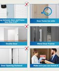 Diagram showing door installation tips and restrictions for Door Reinforcement Lock Two Pack Heavy Duty Front Door Security.