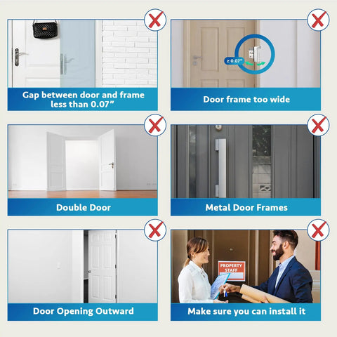 Diagram showing door installation tips and restrictions for Door Reinforcement Lock Two Pack Heavy Duty Front Door Security.