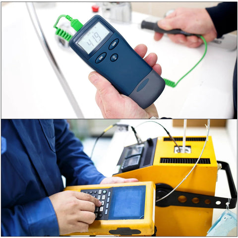 Front view: MECCANIXITY K-type thermocouple thermometer with plug; blue handheld unit and yellow meter nearby
