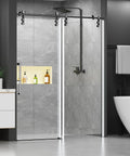 60 Inch Wide Frameless Sliding Shower Door With Sealing Strips And Waterproof Handle 5/16 Inch 8mm Clear Tempered Glass Black Stainless Steel Hardware 76 Inch High Reversible Left Or Right Opening in a modern bathroom