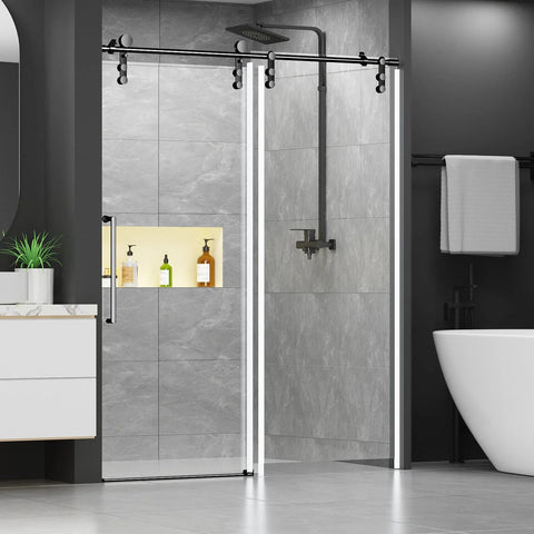 60 Inch Wide Frameless Sliding Shower Door With Sealing Strips And Waterproof Handle 5/16 Inch 8mm Clear Tempered Glass Black Stainless Steel Hardware 76 Inch High Reversible Left Or Right Opening in a modern bathroom