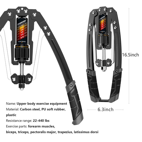 Get Pumped With East Mount Twister Arm Exerciser Featuring Adjustable 22-440 Lbs Hydraulic Power For Home Chest Expanding And Shoulders Muscle Training Fitness Equipment that shows a carbon steel arm exerciser with a resistance gauge.