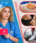 Person holding a red Portable 150 Piece Waterproof Hard Shell First Aid Kit, alongside images of bandaging, wound care, and outdoor survival.