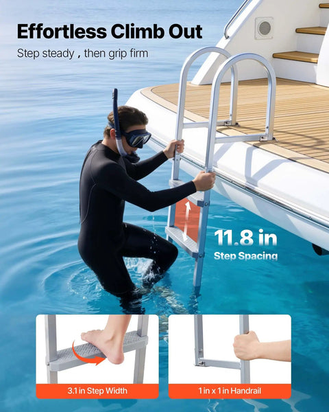 Removable 3 Step Aluminum Dock Ladder With Non Slip Wide PP Steps, 500 Lb Capacity, Quick Release, Easy In And Out For Lake Swimming, Pool Or Marine Boarding On Pontoon Boats, 11.8 in spacing