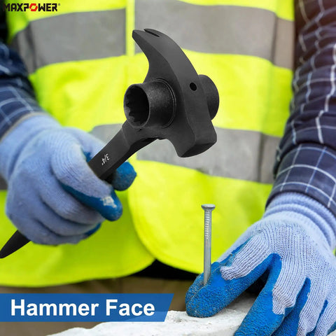 Heavy Duty Scaffold Ratchet Wrench With Double Ended Three Quarter And Seven Eighth Inch Sockets Spud Podger Spanner Claw Pry Bar And Hammer Face in use