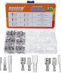 Comprehensive Wire Crimp Terminal Kit With 2.8mm, 4.8mm, And 6.3mm Male And Female Spade Connectors displayed in a plastic case