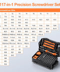 117 In 1 Precision Screwdriver Set With Torx Triwing Bits, open case showing various screwdriver bits and tools in an organized layout