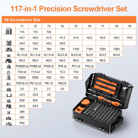 117 In 1 Precision Screwdriver Set With Torx Triwing Bits, open case showing various screwdriver bits and tools in an organized layout