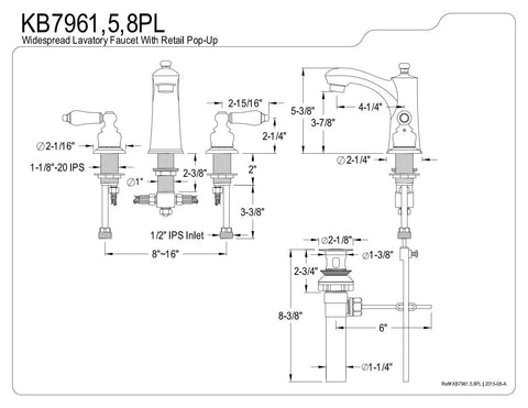 Technical drawing of 8 To 16 Inch Widespread Bathroom Faucet In Polished Chrome With Solid Brass Duraseal Valve Deck Mount