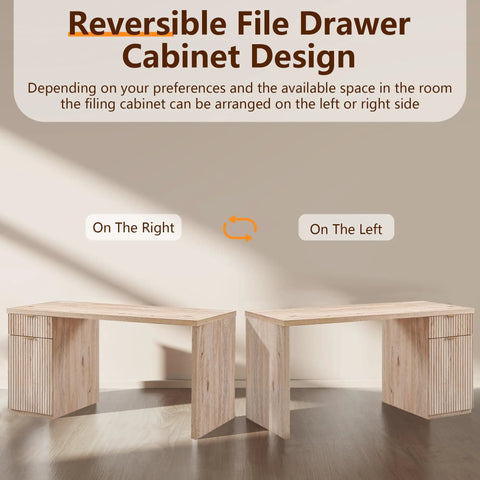60 Inch Modern Executive Desk With Storage For Home Office Oak Wood Writing Desk With Drawer And Cabinet Fluted Surface