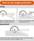 Instructions for using Two Arm Stainless Steel Protractor And Ruler Combo For Woodworking with angle examples at 60° and 120°