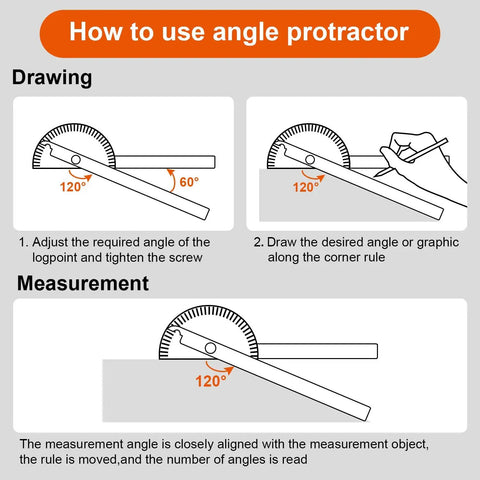 Instructions for using Two Arm Stainless Steel Protractor And Ruler Combo For Woodworking with angle examples at 60° and 120°