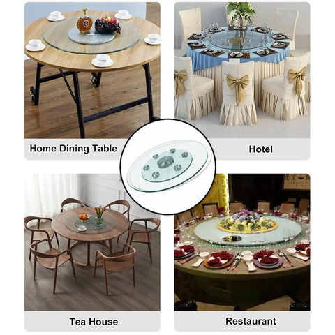 Tempered Glass Lazy Susan Turntable For Dining Table Round Rotating Serving Tray in various dining settings
