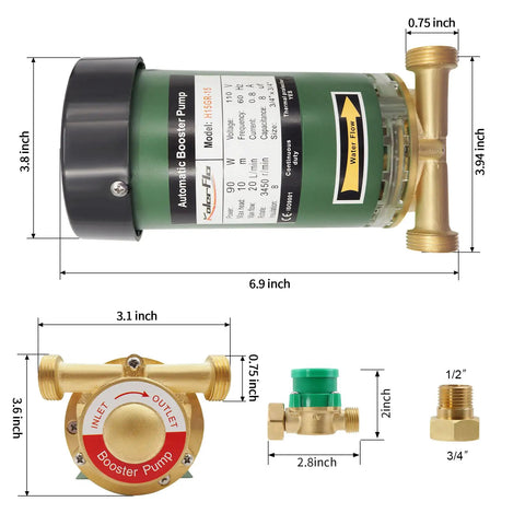 90W Water Pressure Booster Pump 115VAC 317 GPH At 21.7 PSI with dimensions and brass fittings in army green