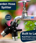 Heavy Duty Garden Hose Splitter 2 Way With Long Handle Dual Outlet Y Style Faucet Adapter No Leak For Outdoor Spigot Use Easy Grip Valves And Smooth Turn, black metal