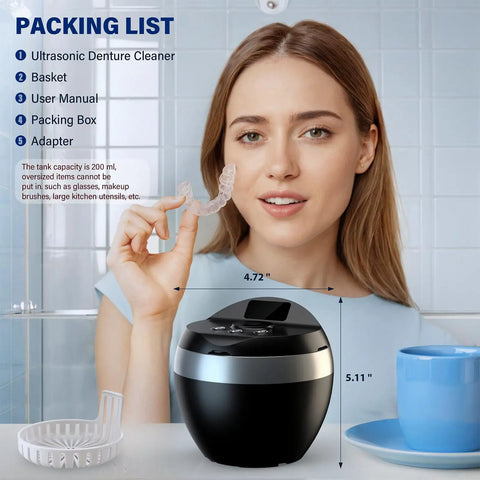 All In One Ultrasonic Retainer Cleaner For Mouthguards Aligners Braces Night Guards And Dental Appliances 200 ML 45KHz With Four Cleaning Modes Easy Clean For Rings Jewelry Cleaner Includes Cleaning Pod And Basket, 200 ml black unit with basket