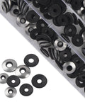 Angled view of gasket washer assortment: metal and black neoprene‑EPDM bonded washers for 8–14 screws, 200 pcs in a plastic case.