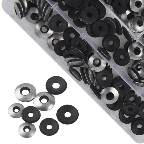 Angled view of gasket washer assortment: metal and black neoprene‑EPDM bonded washers for 8–14 screws, 200 pcs in a plastic case.