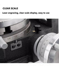 Close-up of Built Tough Six Inch Three Jaw Chuck Dividing Head For Horizontal Or Vertical Use With Cnc Milling Rotational Axis and one to ninety ratio showing clear scale.