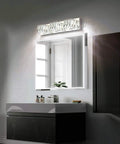 Modern Chrome Vanity Light Fixture With Crystal Accents 3 Light LED over mirror in bathroom setting