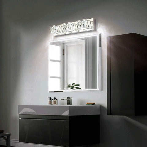 Crystal Vanity Light Three Light Modern Bathroom Fixture With Dimmable 18W LED shown above a bathroom mirror.