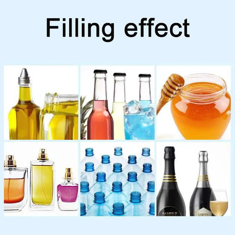 Filling effect image showcasing various liquids in bottles, highlighting the Straight Up Reliable Double Head Pneumatic Liquid Filling Machine.