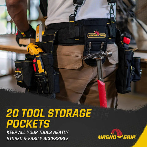 20 Pocket Builder Tool Rig With Magnetic Storage, Heavy Duty 1680D Polyester Tool Belt, worn by worker, showing pockets and tools